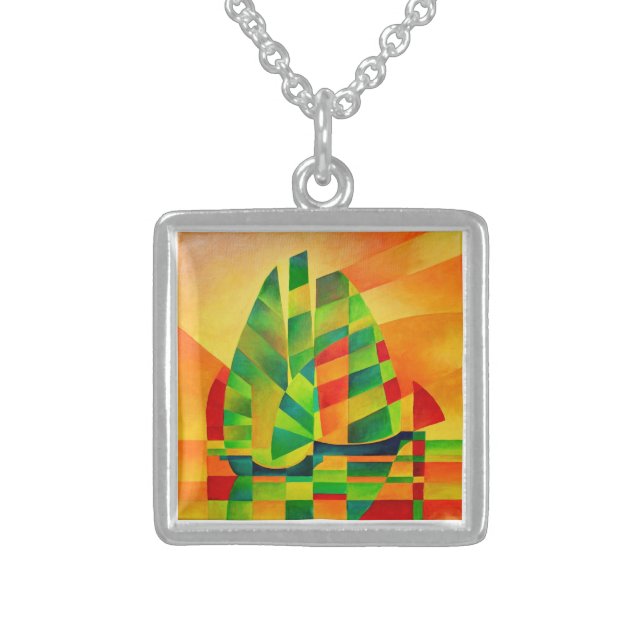 Chinese Junks, Sunset, Sails and Shadows Bold  Sterling Silver Necklace (Front)