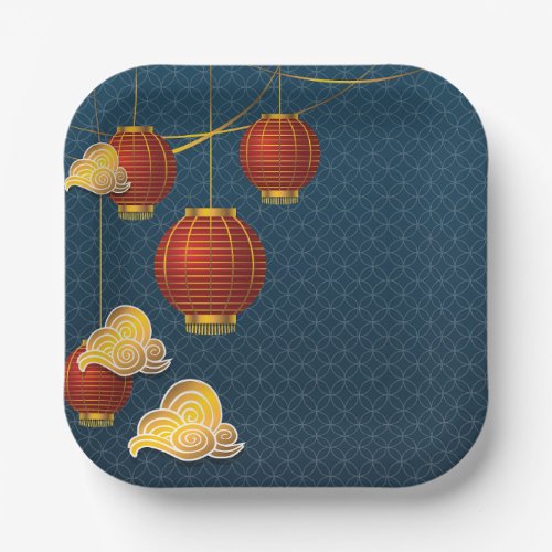 Chinese Lamp with a blue wallpaper Paper Plates