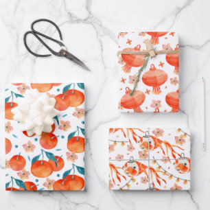 Chinese Lantern Floral Wrapping Paper Set of 3