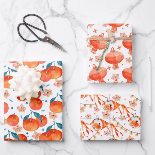 Chinese Lantern Floral Wrapping Paper Set of 3