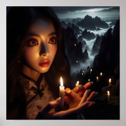 Chinese Lantern Maiden Poster _ Serene Elegance
