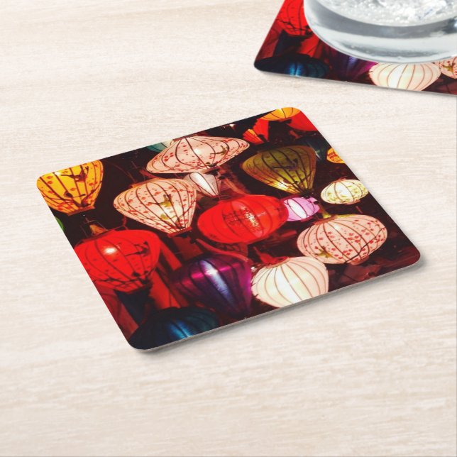 Chinese Lanterns at Night Square Paper Coaster (Angled)