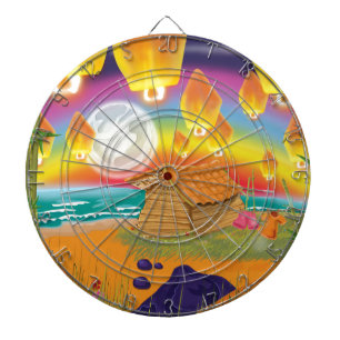 Chinese lanterns floating on a moonlit beach dartboard with darts