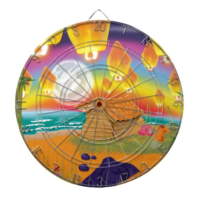 Chinese lanterns floating on a moonlit beach dartboard with darts (Front)