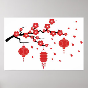 Chinese lanterns on a sakura poster