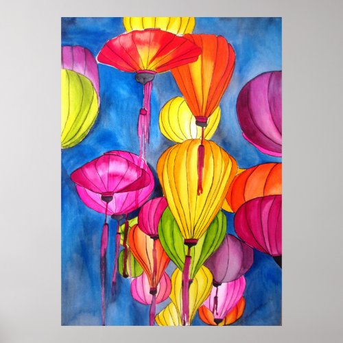 Chinese Lanterns original watercolour art Poster