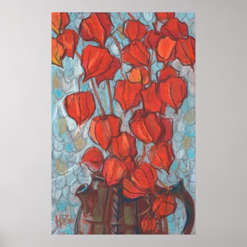 Chinese Lanterns Physalis Autumn Floral Painting Poster