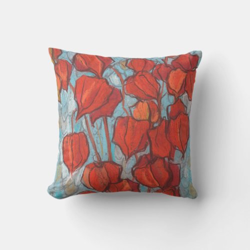 Chinese Lanterns Physalis Autumn Floral Painting Throw Pillow