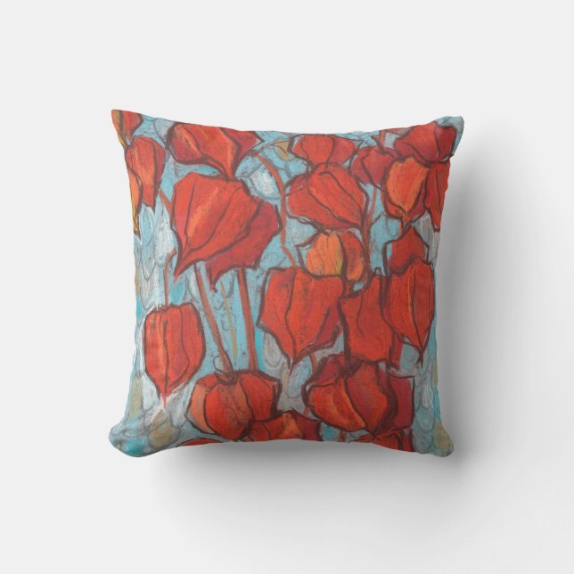 Chinese Lanterns, Physalis Autumn Floral Painting Throw Pillow (Front)