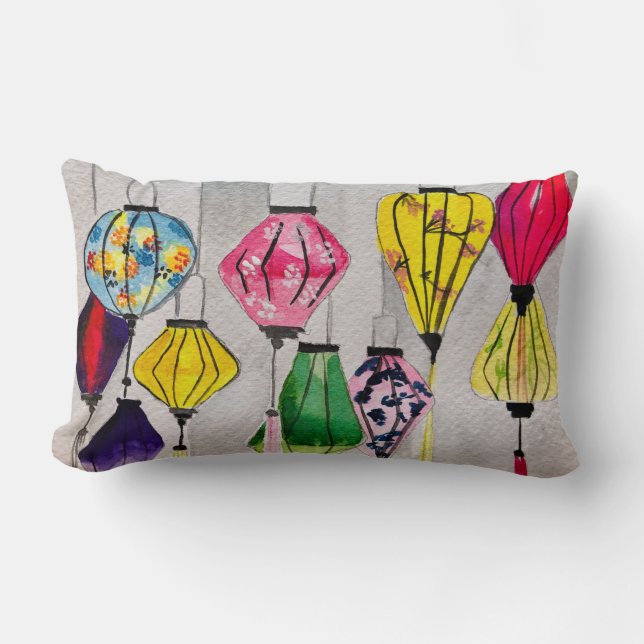 Chinese lanterns watercolor art lumbar pillow (Front)