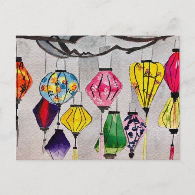 Chinese lanterns watercolor art postcard (Front)