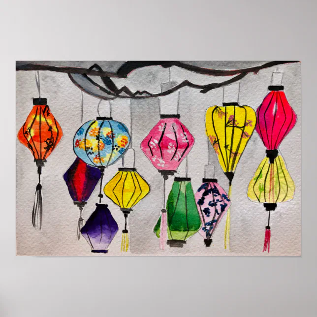 Chinese lanterns watercolor art poster | Zazzle