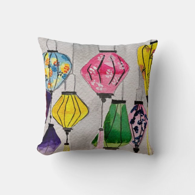 Chinese lanterns watercolor art throw pillow (Front)