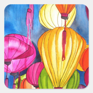 Chinese Lanterns watercolour fine art Square Sticker