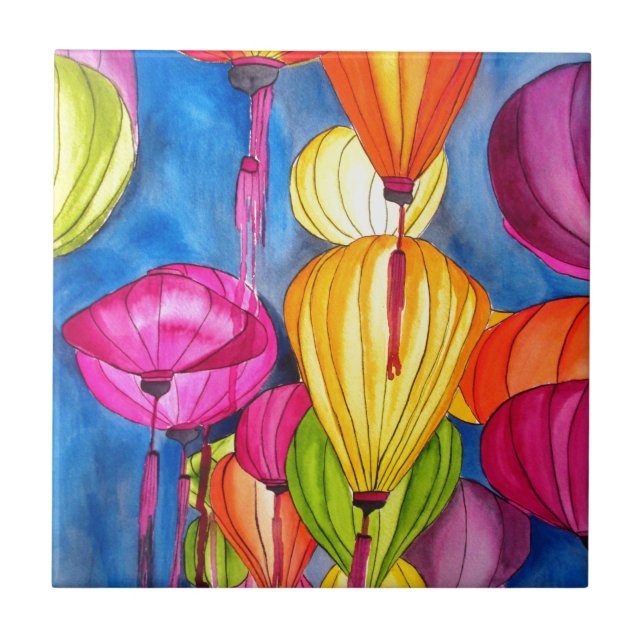 Chinese Lanterns watercolour fine art Tile (Front)
