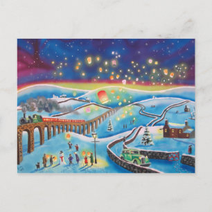 Chinese lanterns winter landscape snow scene postcard