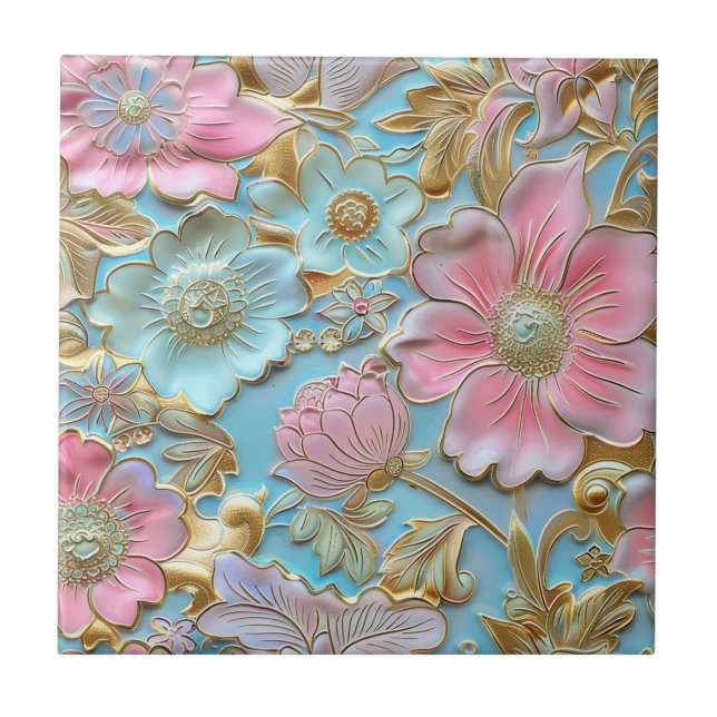 Chinese light pink cloisonne floral pattern tile (Front)