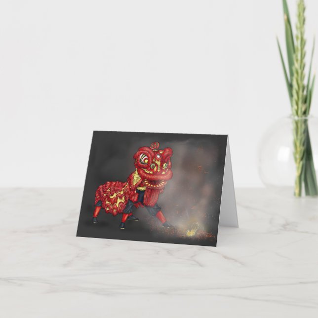 Chinese Lion Dancers Firecracker Illustration Card (Front)