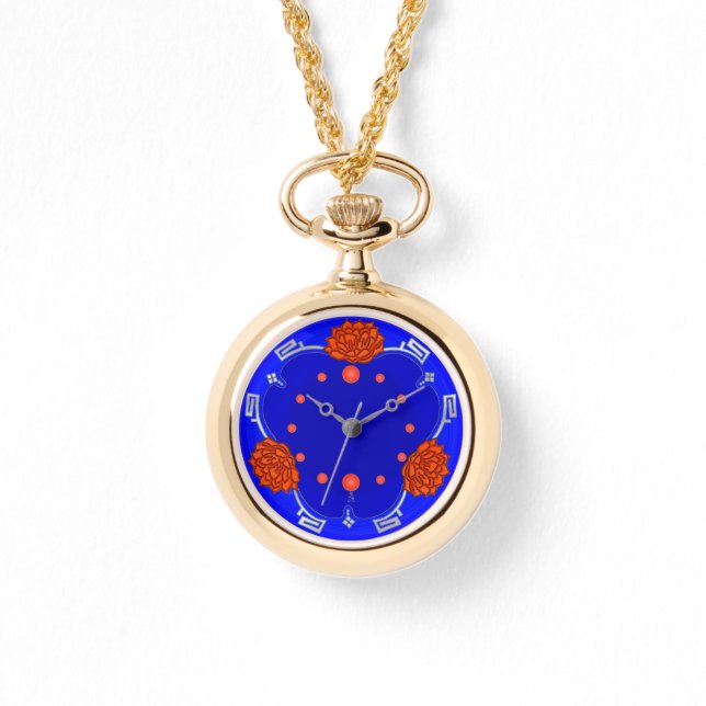 Chinese Lotus Blossom (Red, Royal Blue, Silver) Watch (Front)