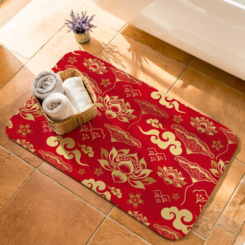 Chinese Lotus Floral Oriental Asian Pattern Pretty Bath Mat