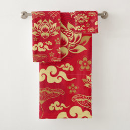 Chinese Lotus Floral Oriental Asian Pattern Trendy Bath Towel Set