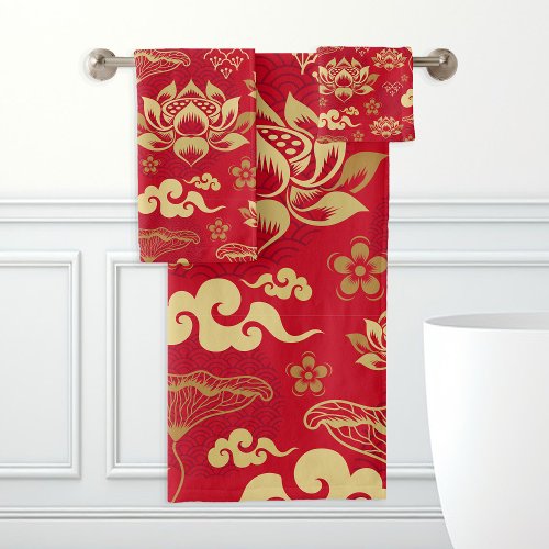 Chinese Lotus Floral Oriental Asian Pattern Trendy Bath Towel Set