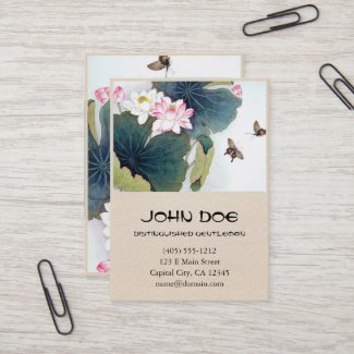 Chinese lotus leaf and pink flower butterfly art business card