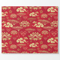 Chinese Lotus Oriental Asian Red Floral Pattern Wrapping Paper