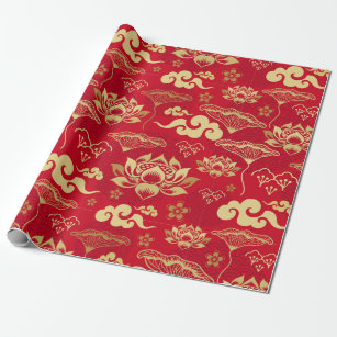 Chinese Lotus Oriental Asian Red Floral Pattern Wrapping Paper