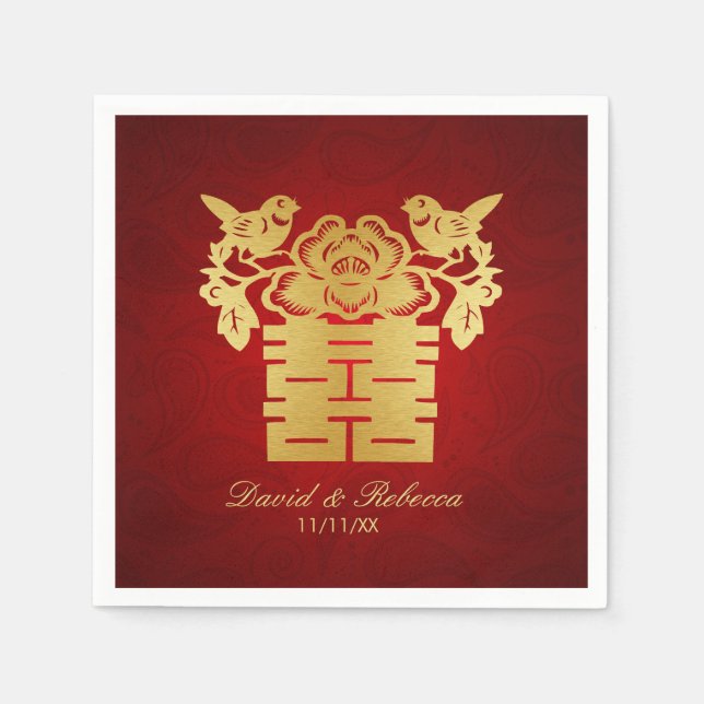 Chinese Love Birds Double Happiness Symbol Paper Napkins (Front)