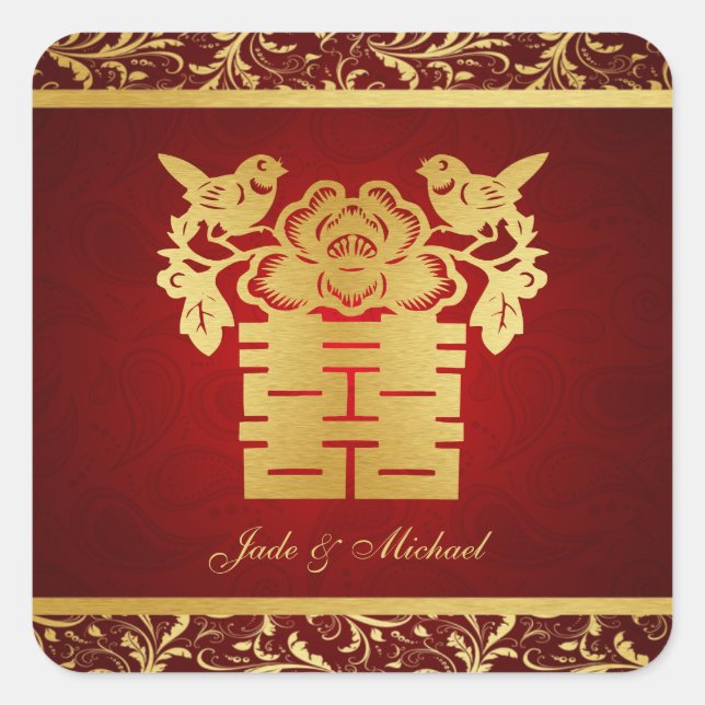 Chinese Love BIrds Double Happiness Wedding Square Sticker (Front)