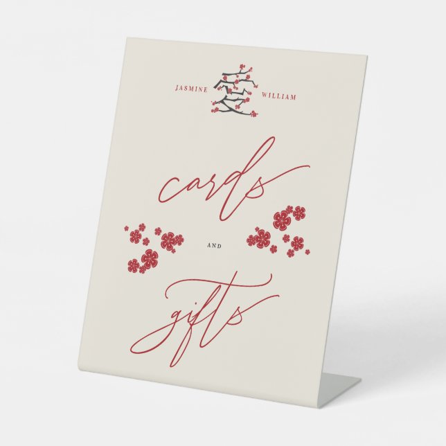 Chinese Love Red Cherry Blossoms Cards & Gifts Pedestal Sign (Front)