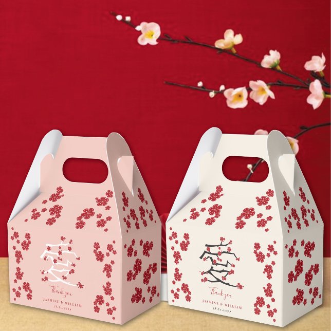 Chinese Love Red Cherry Blossoms Engagement Party  Favor Boxes (Chinese 'Ai' Love Red/Pink Cherry Blossoms Engagement/Wedding Party Favor Boxes @ fatfatin_red_knot)