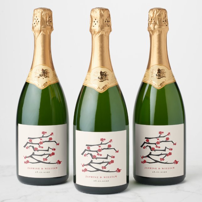 Chinese Love Red Cherry Blossoms Engagement Party  Sparkling Wine Label (Bottles)