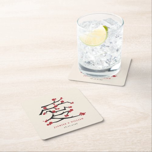 Chinese Love Red Cherry Blossoms Engagement Party Square Paper Coaster