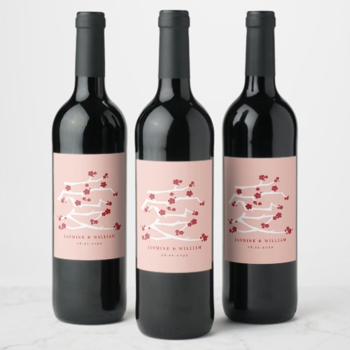 Chinese Love Red Cherry Blossoms Engagement Party Wine Label