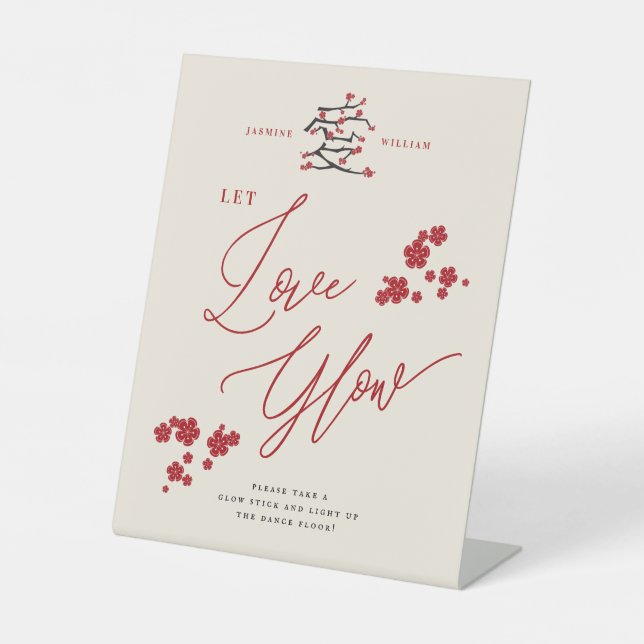 Chinese Love Red Cherry Blossoms Let Love Glow Pedestal Sign (Front)