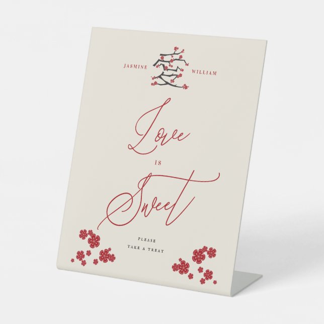 Chinese Love Red Cherry Blossoms Love Is Sweet Pedestal Sign (Front)