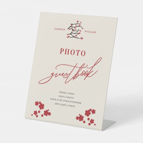 Chinese Love Red Cherry Blossoms Photo Guestbook Pedestal Sign