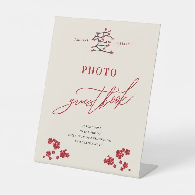 Chinese Love Red Cherry Blossoms Photo Guestbook Pedestal Sign (Front)