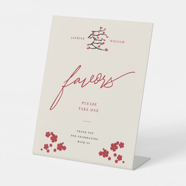 Chinese Love Red Cherry Blossoms Wedding Favors Pedestal Sign (Front)