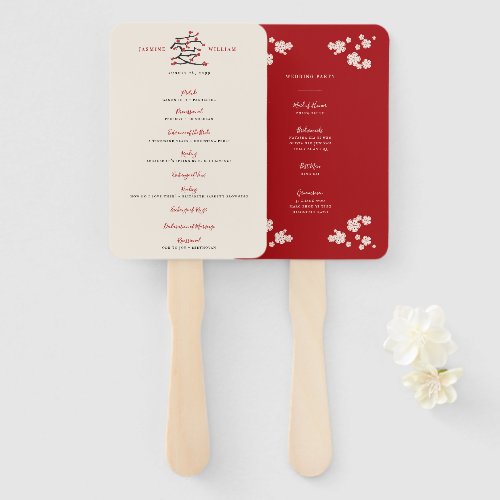 Chinese Love Red Cherry Blossoms Wedding Program Hand Fan