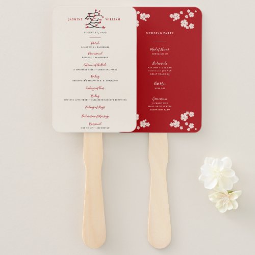Chinese Love Red Cherry Blossoms Wedding Program Hand Fan