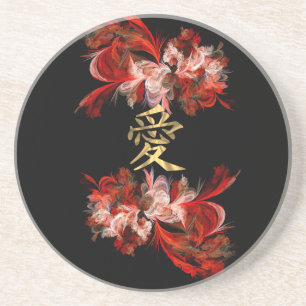 Chinese love symbol on red fractal sandstone coaster