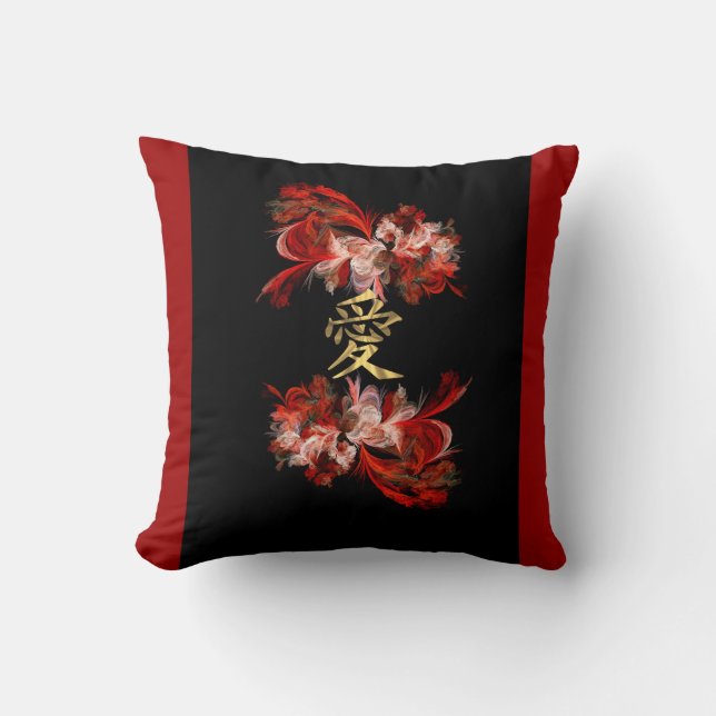 Chinese love symbol on red fractal throw pillow (Front)