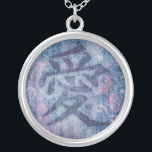 Chinese love symbol pink hearts on blue necklace<br><div class="desc">Chinese love symbol denim blue background with a pink heart patterned effect. A great way to express your love on Valentine's Day or give to a loved one. Uniquely design by Sarah Trett.</div>