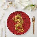 Chinese Lucky Gold Dragon Paper Plates<br><div class="desc">Custom paper plates featuring Chinese gold dragon with red fan background. Makes a nice gift for Chinese Dragon birthday and Chinese New Year gifts. • Happy Birthday, Wood Dragons of 2024! • You are a Dragon if you are born these years: 1928, 1940, 1952, 1964, 1976, 1988, 2000, 2012, 2024....</div>