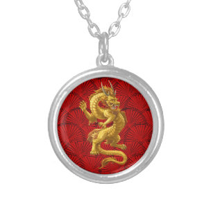 Chinese Lucky Gold Dragon Silver Plated Necklace