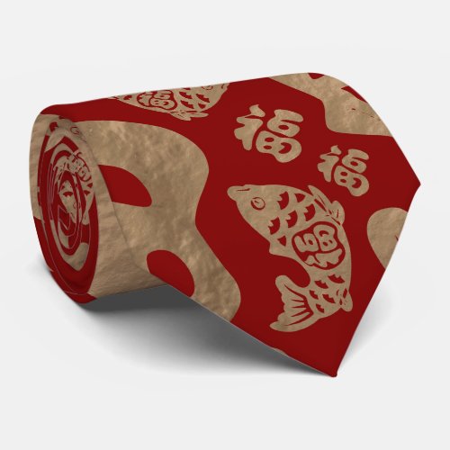 Chinese Lucky Symbols and Koi Fish _ Red and Gold Neck Tie