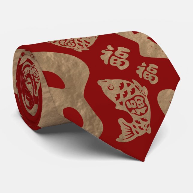 Chinese Lucky Symbols and Koi Fish - Red and Gold Neck Tie (Rolled)
